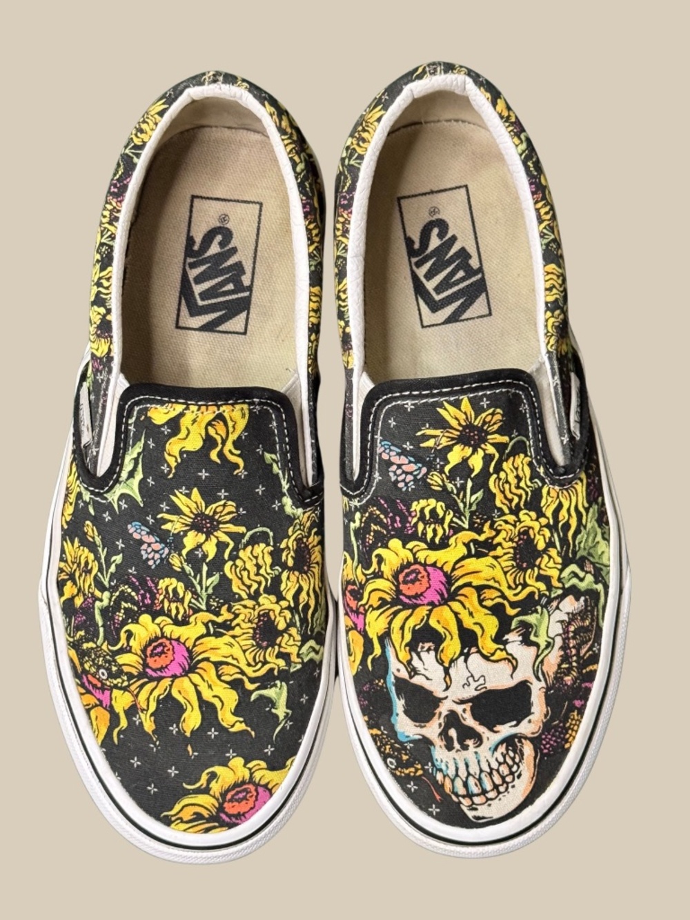 Vans Sunflower and Skull slip-ons
